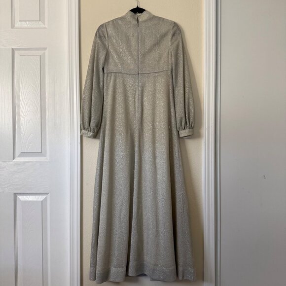 Vintage Long Silver Glitter Maxi Dress W/ High Neck & Balloon Sleeves Sz S/M - Picture 3 of 8